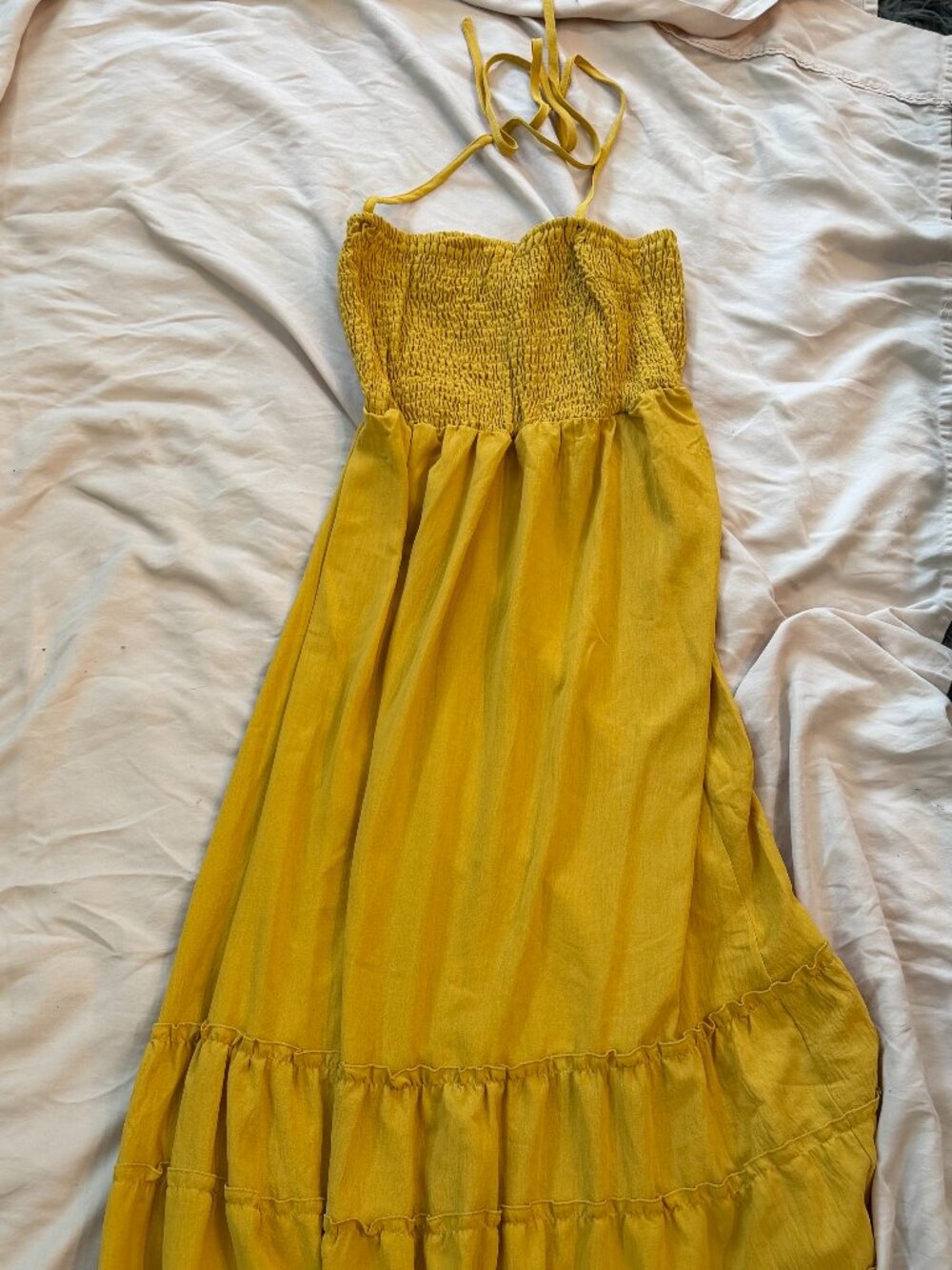 Mustard Yellow Smocked Halter Tiered Dress (medium)